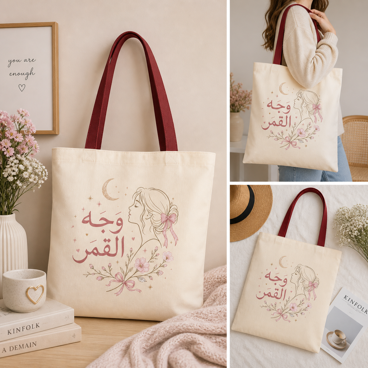 Arabic Floral Moon Tote Bag — وجه القمر (Face of the Moon) Artistic Canvas Tote