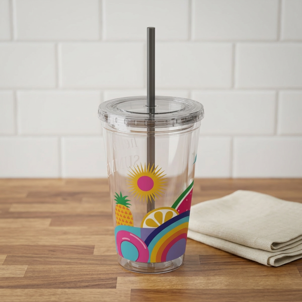 16oz Sunsplash Tumbler with Straw — "Hello Summer" Colorful Beach Vibes