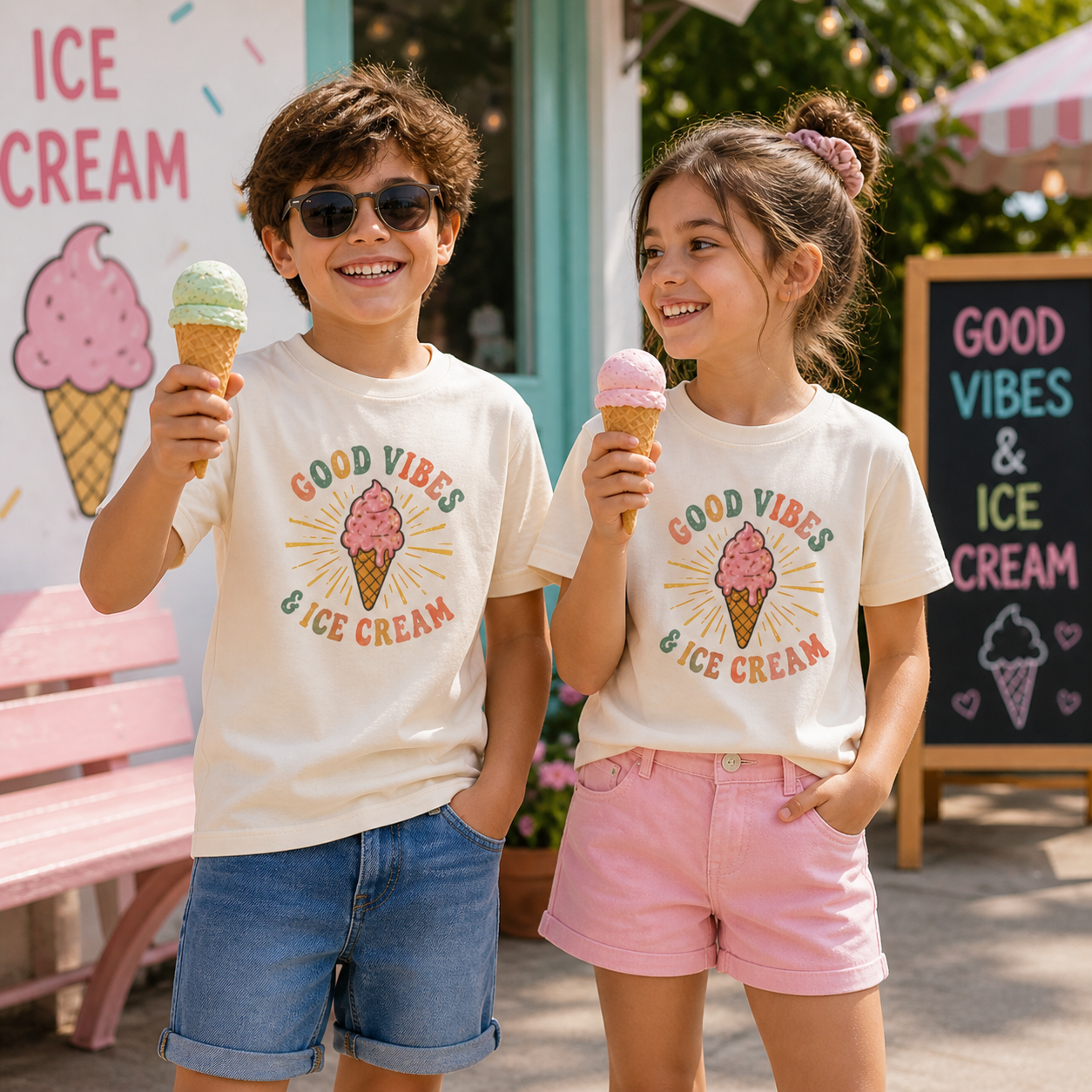 Youth Tee — "Good Vibes & Ice Cream" Cute Ice Cream Graphic Shirt
