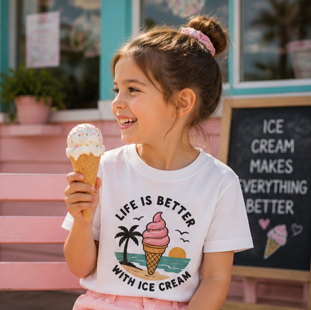 Youth Tee — "Life Is Better With Ice Cream" Ice Cream Cone Beach Graphic