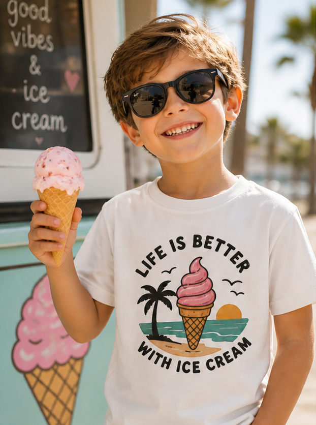 Youth Tee — "Life Is Better With Ice Cream" Ice Cream Cone Beach Graphic
