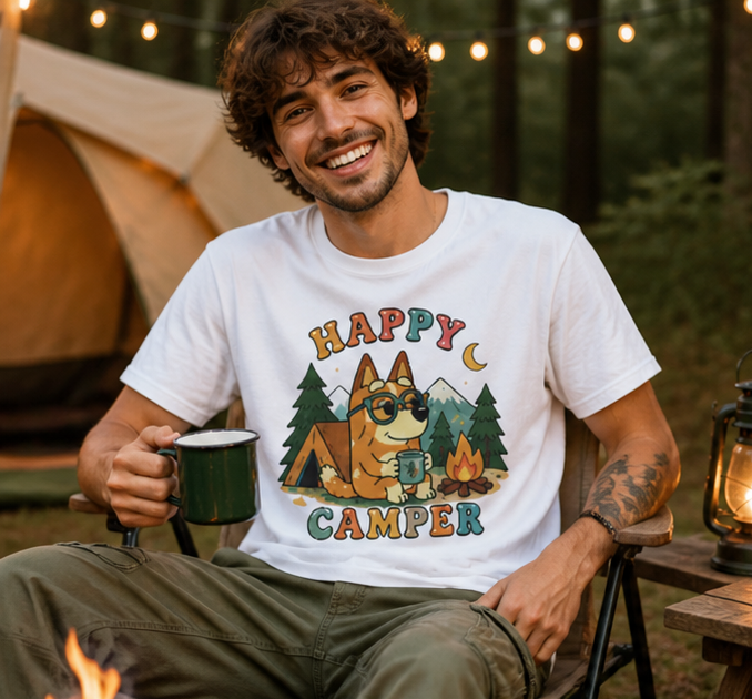 Happy Camper T-Shirt — Cute Camping Dog Graphic Tee
