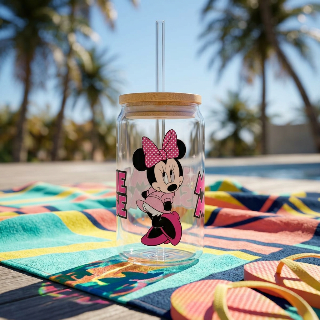 Minnie Mouse 16oz Sipper Glass with Bamboo Lid & Straw - Disney Pink Cartoon Drink Tumbler
