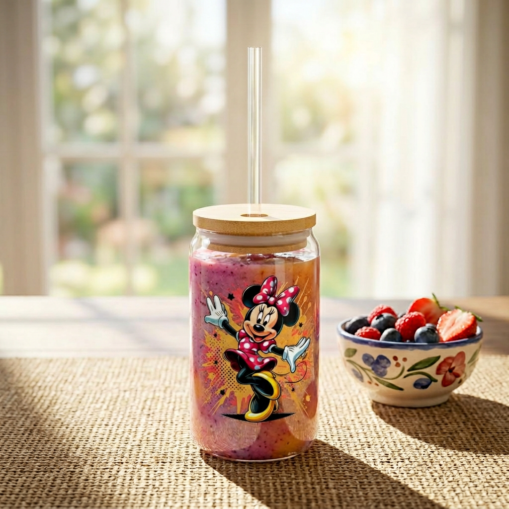 16oz Minnie Mouse Sipper Glass with Bamboo Lid & Straw – Cute Kids Drink Cup