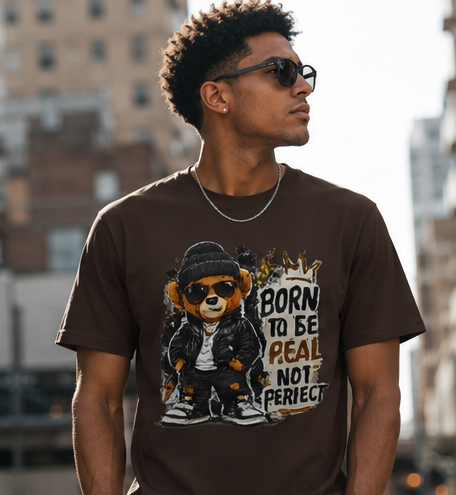 Bear Graphic T‑Shirt — "Born to Be Real Not Perfect" Vintage Streetwear
