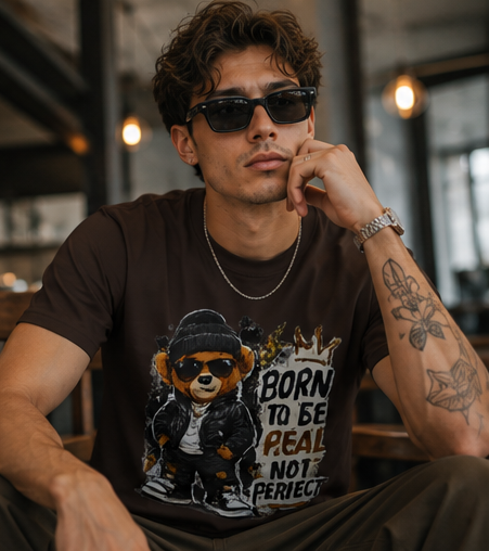 Bear Graphic T‑Shirt — "Born to Be Real Not Perfect" Vintage Streetwear