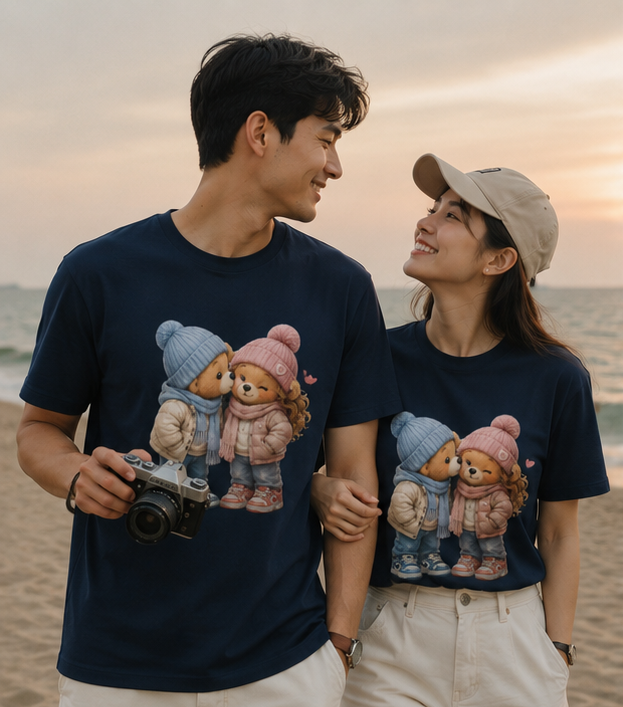 Cute Winter Bears unisex T‑Shirt — Adorable Kissing Bears in Hats & Scarves