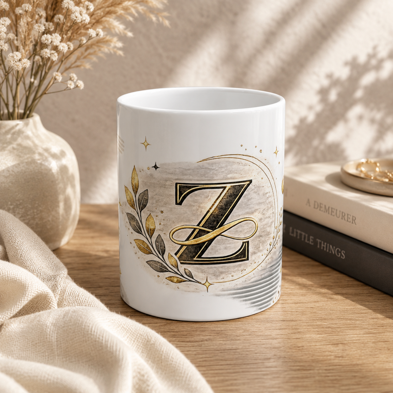 Monogram Z Ceramic Mug – Elegant Gold Initial Coffee Cup