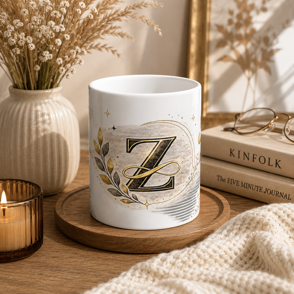 Monogram Z Ceramic Mug – Elegant Gold Initial Coffee Cup