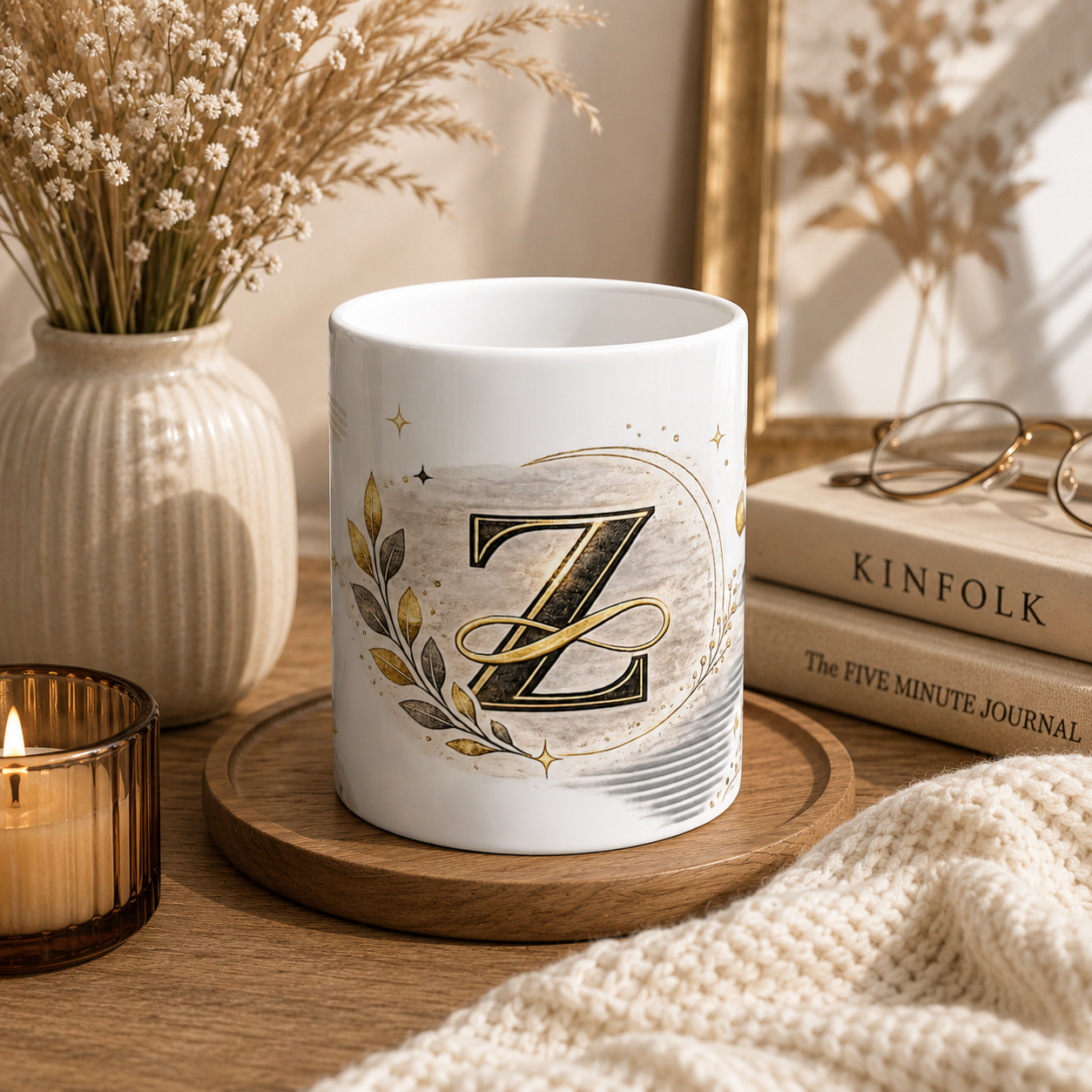 Monogram Z Ceramic Mug – Elegant Gold Initial Coffee Cup