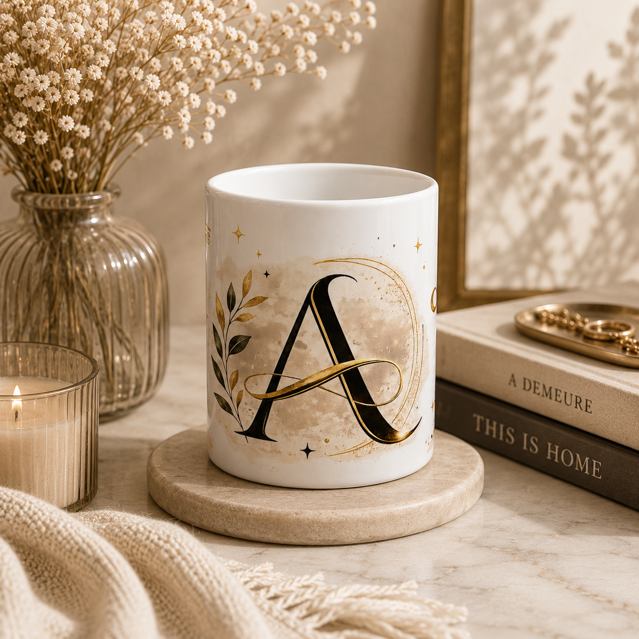 Monogram 'A' Gold Botanical Ceramic Mug