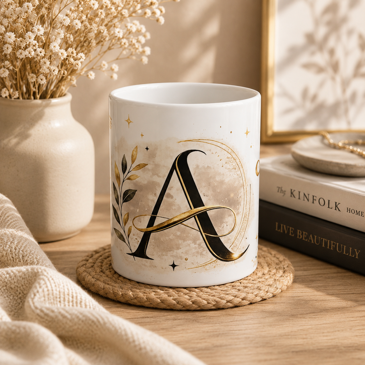 Monogram 'A' Gold Botanical Ceramic Mug