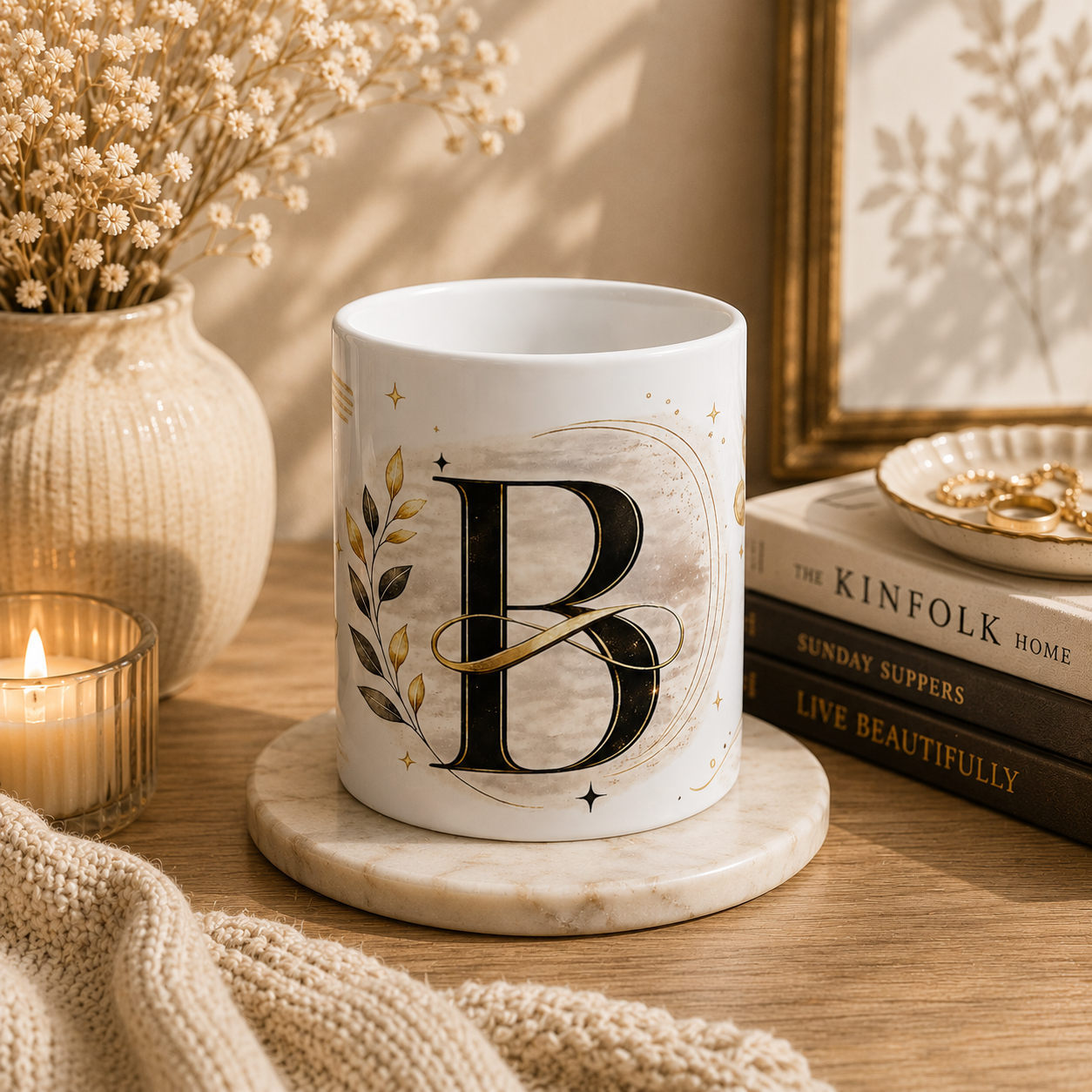Monogram Letter B Ceramic Mug – Elegant Gold & Neutral Initial Coffee Cup