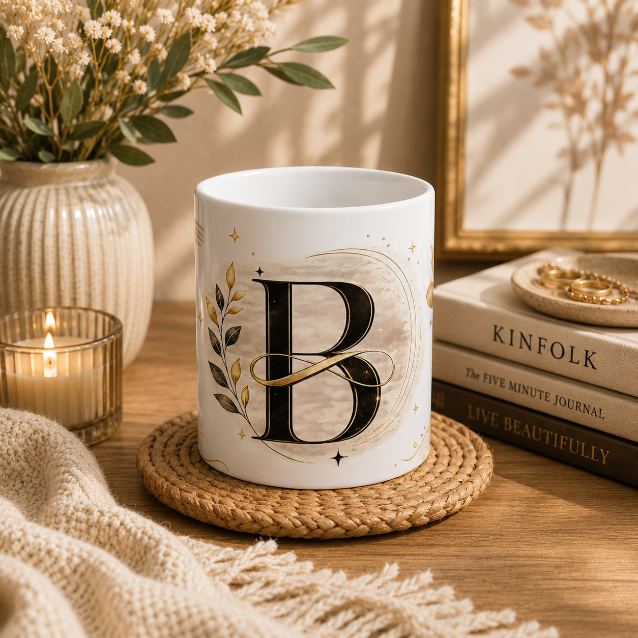 Monogram Letter B Ceramic Mug – Elegant Gold & Neutral Initial Coffee Cup