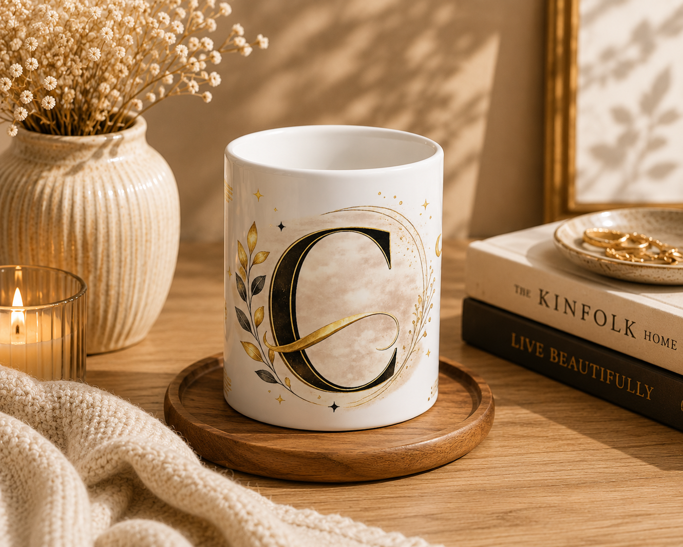 Monogram C Gold Floral Ceramic Mug — Personalized Initial "C" Coffee Cup