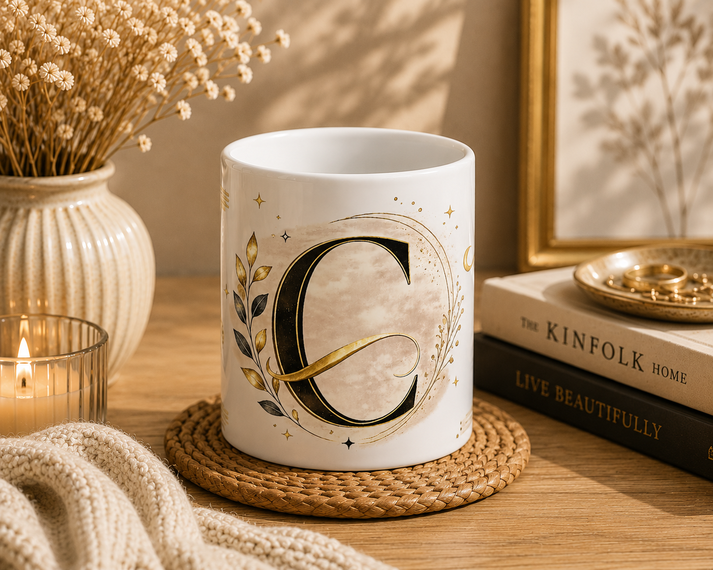 Monogram C Gold Floral Ceramic Mug — Personalized Initial "C" Coffee Cup