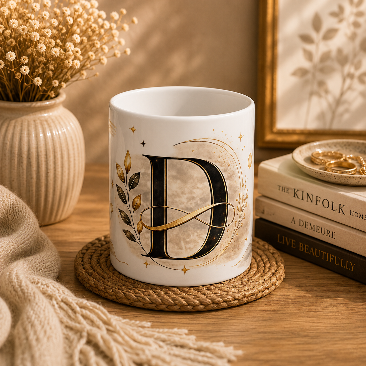 Monogram D Ceramic Mug – Elegant Gold Initial Coffee Cup