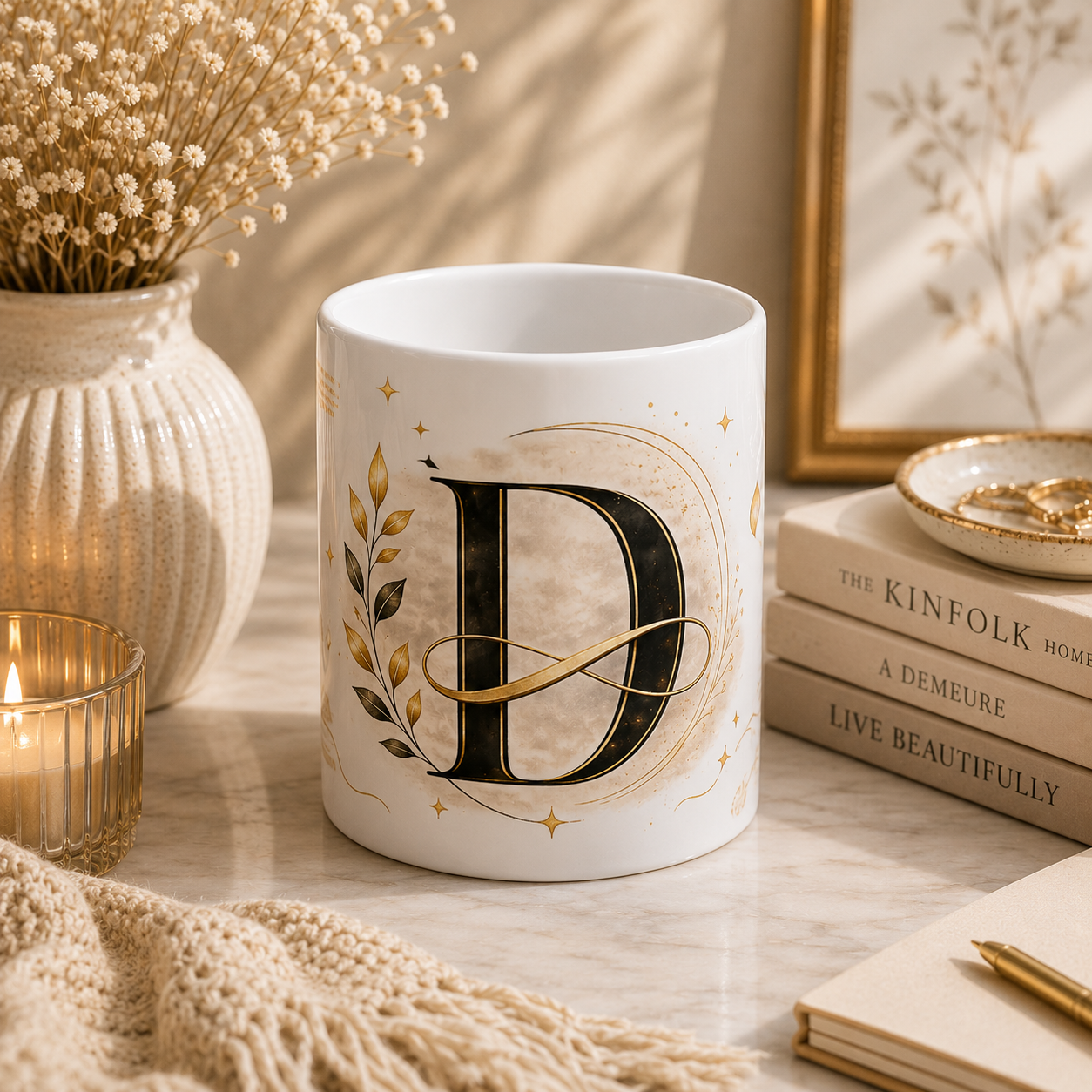 Monogram D Ceramic Mug – Elegant Gold Initial Coffee Cup