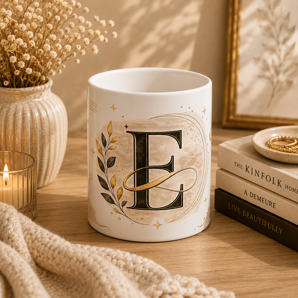 Monogram E Ceramic Mug — Gold Letter E Initial Coffee Cup