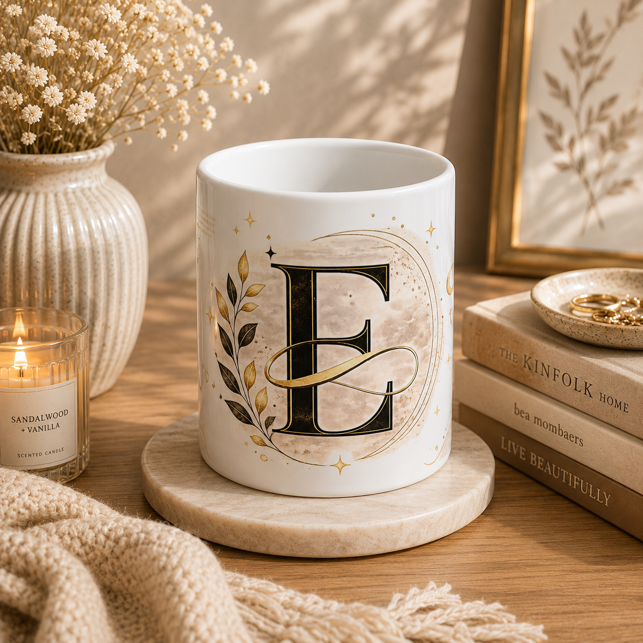 Monogram E Ceramic Mug — Gold Letter E Initial Coffee Cup