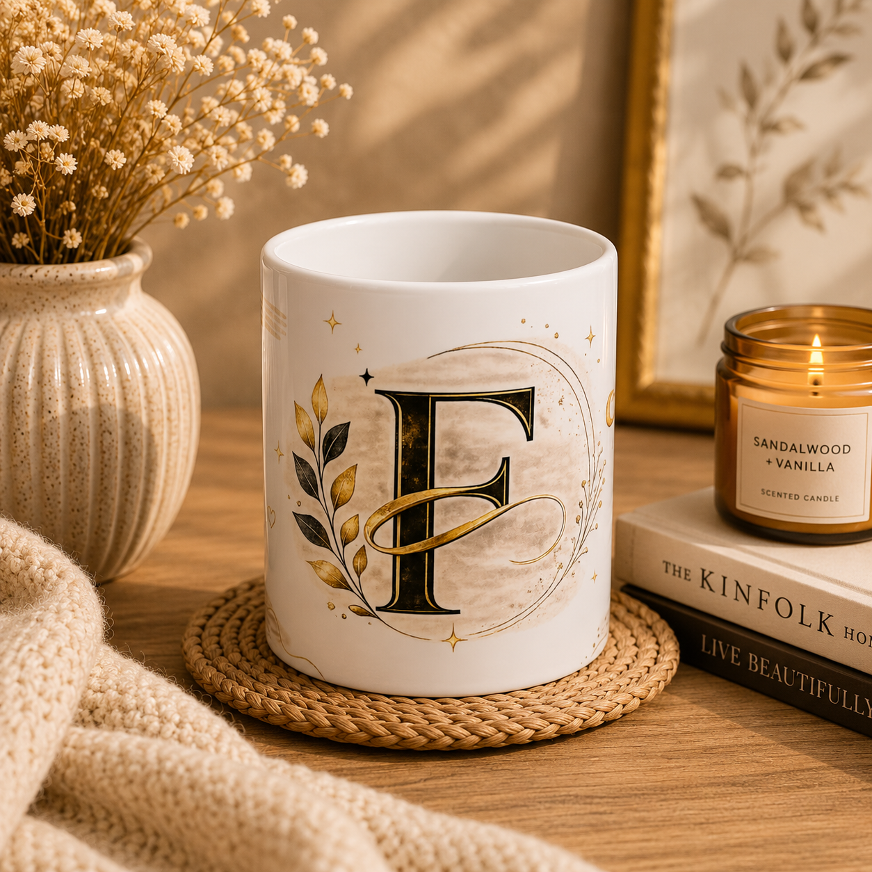Monogram F Gold Initial Mug — Elegant Letter F Ceramic Coffee Cup