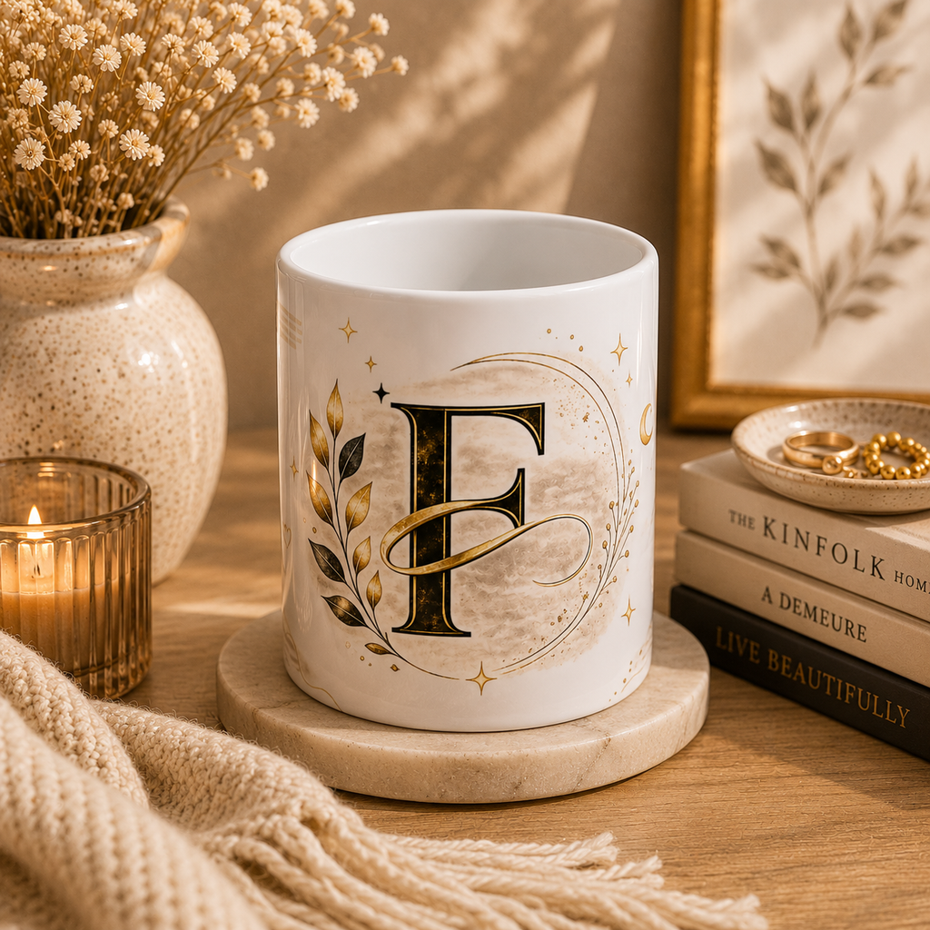 Monogram F Gold Initial Mug — Elegant Letter F Ceramic Coffee Cup