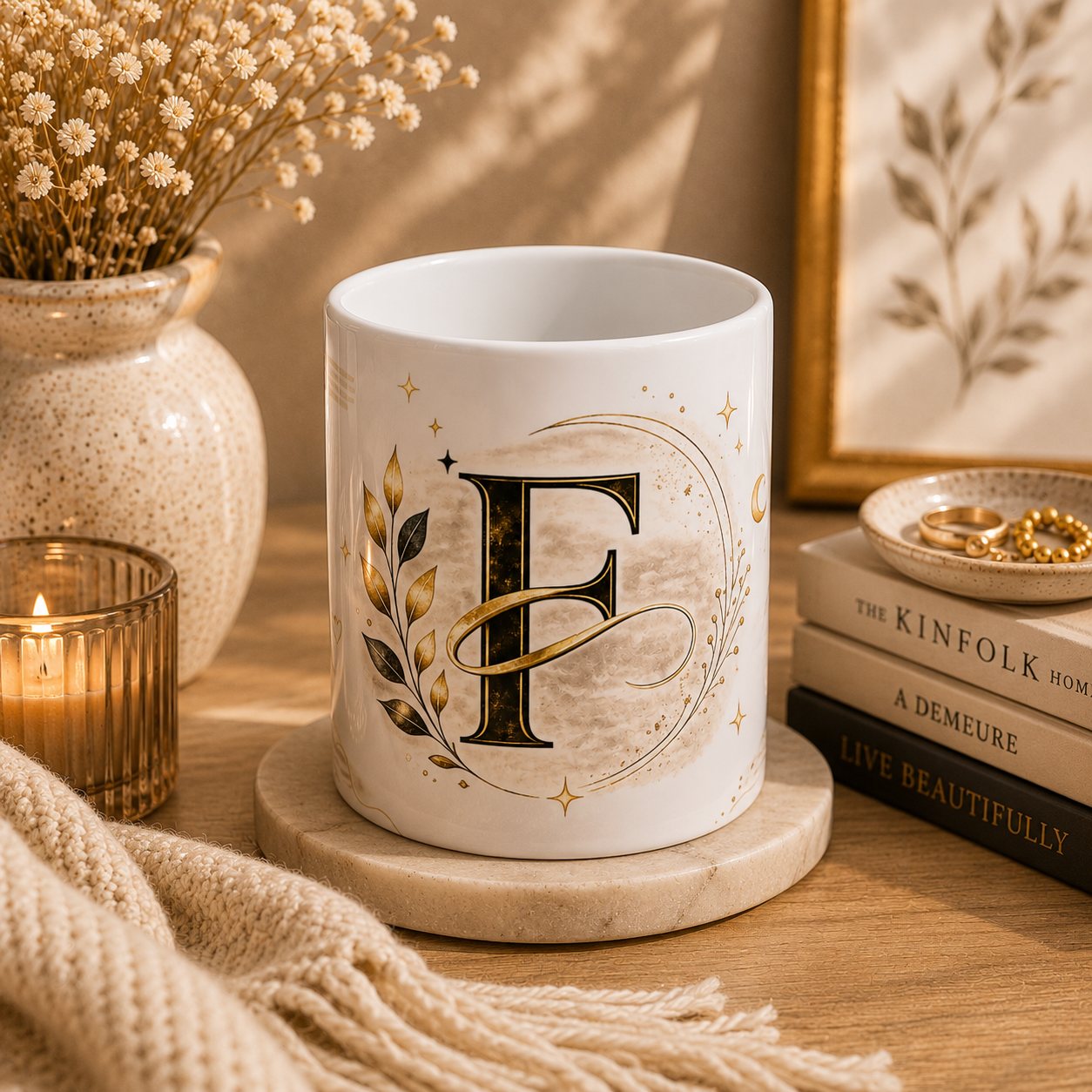 Monogram F Gold Initial Mug — Elegant Letter F Ceramic Coffee Cup