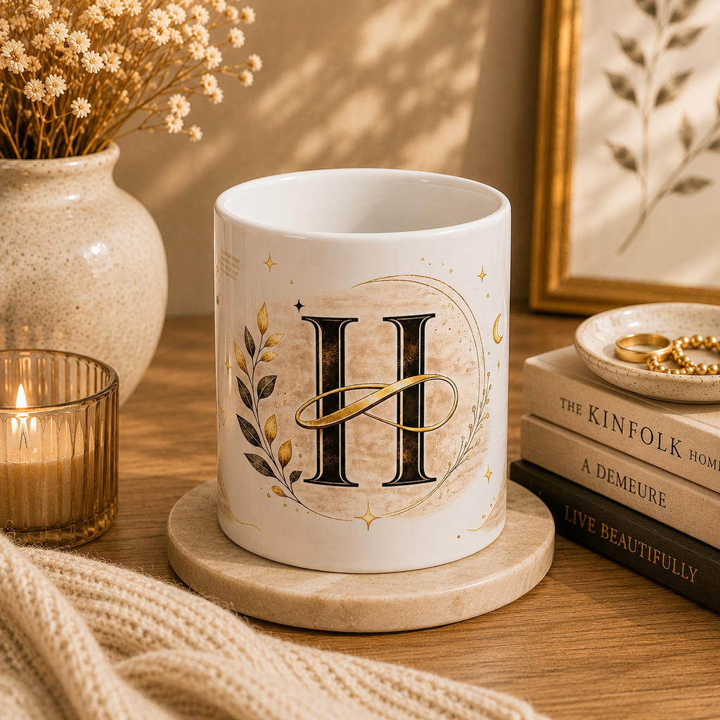 Monogram H Initial Ceramic Mug — Elegant Gold Botanical Letter Coffee Cup
