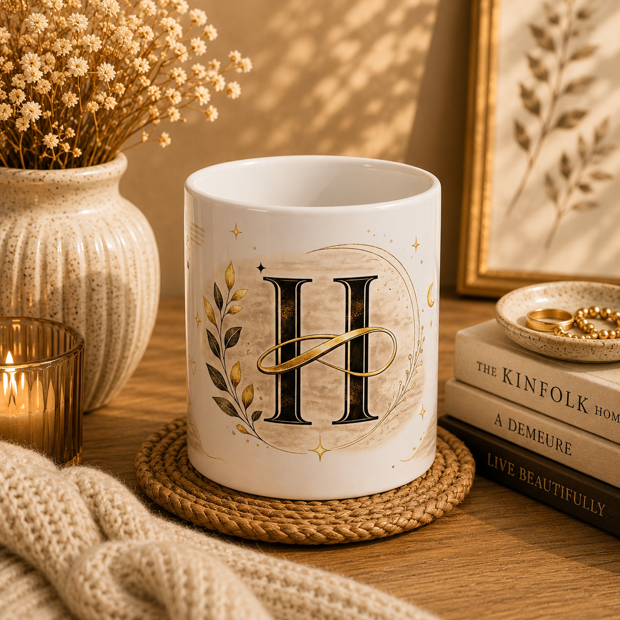 Monogram H Initial Ceramic Mug — Elegant Gold Botanical Letter Coffee Cup