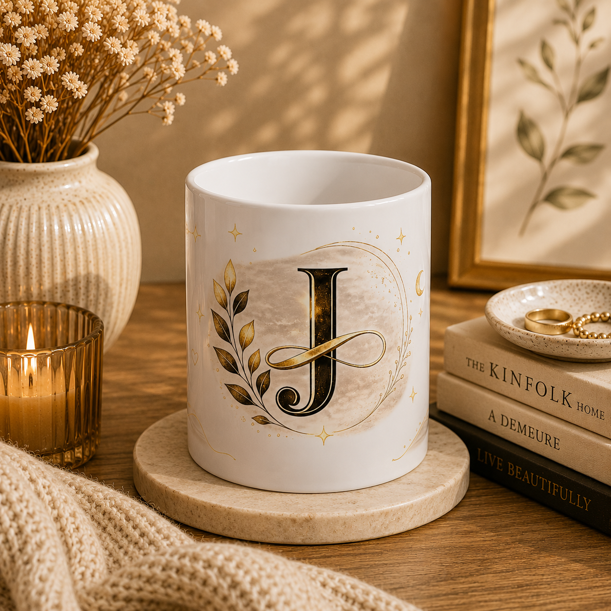 Monogram J Ceramic Mug — Elegant Gold Initial Coffee Cup