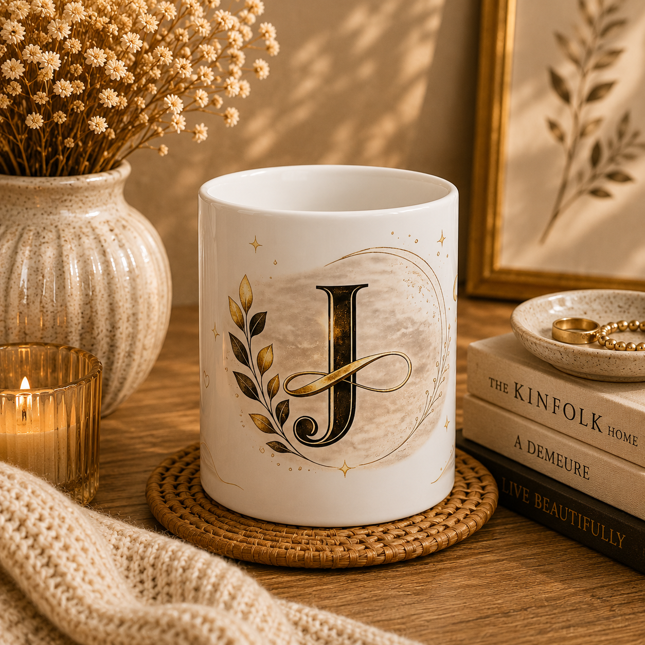 Monogram J Ceramic Mug — Elegant Gold Initial Coffee Cup