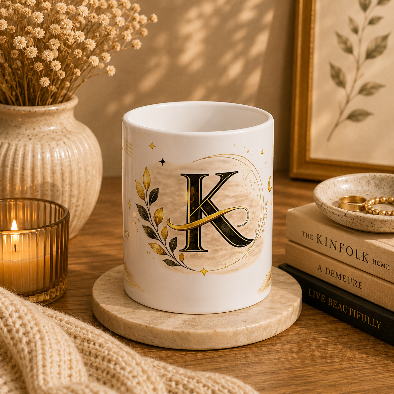 Monogram K Ceramic Mug — Gold Floral Initial Coffee Cup