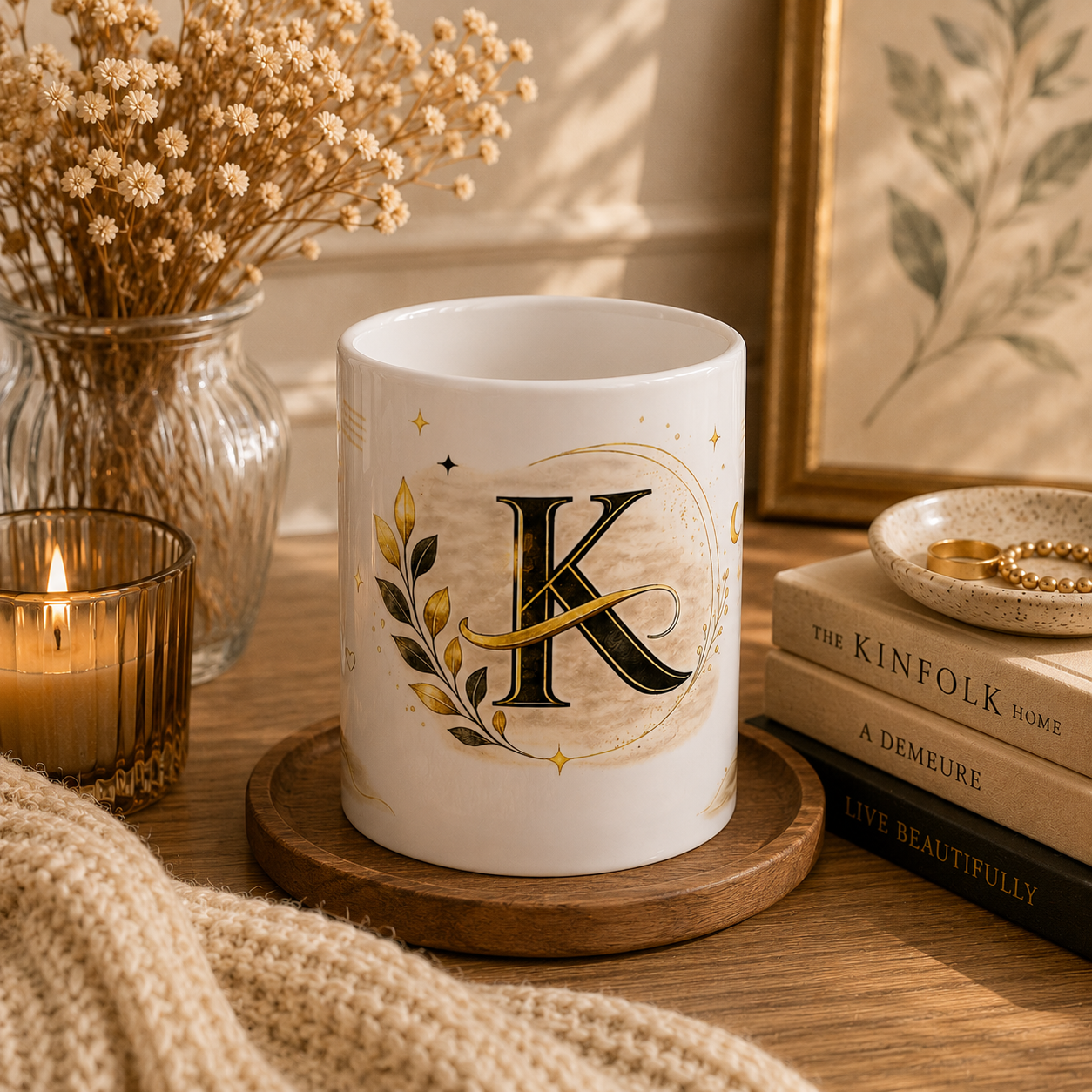 Monogram K Ceramic Mug — Gold Floral Initial Coffee Cup