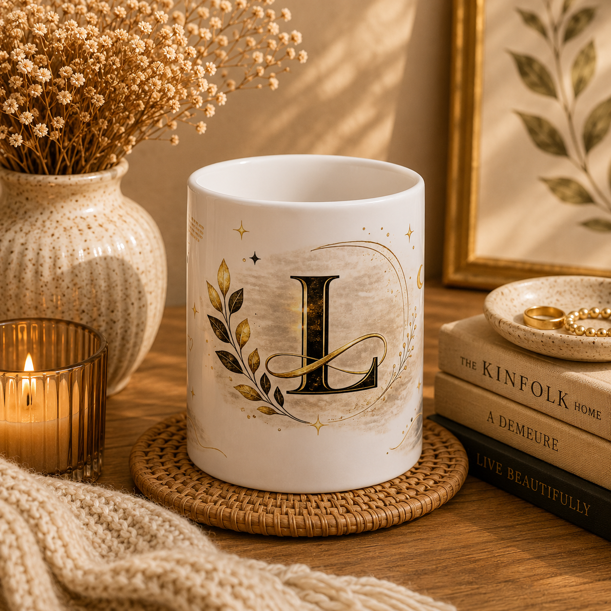 Monogram L Initial Ceramic Mug — Gold Laurel Decorative Coffee Cup