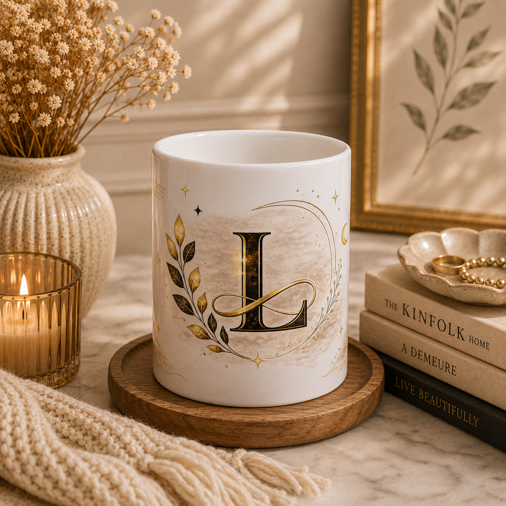Monogram L Initial Ceramic Mug — Gold Laurel Decorative Coffee Cup