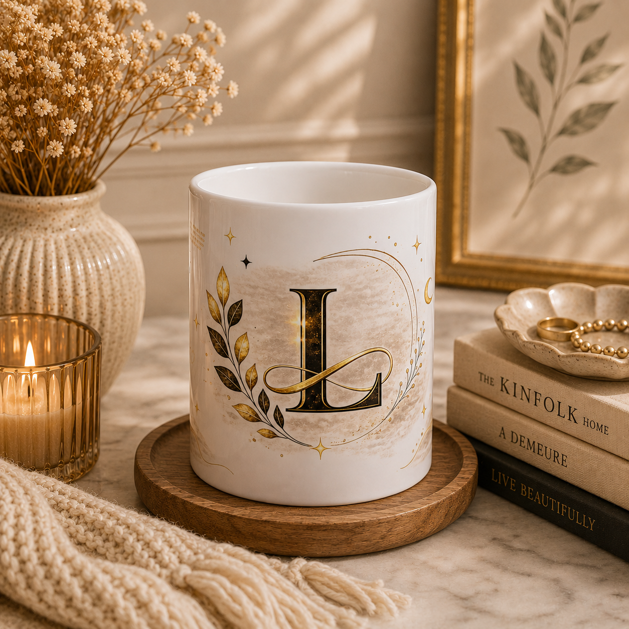 Monogram L Initial Ceramic Mug — Gold Laurel Decorative Coffee Cup