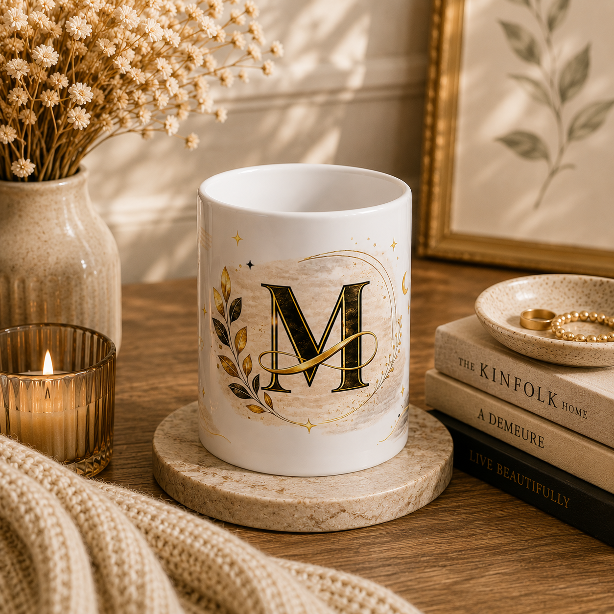 Monogram M Ceramic Coffee Mug – Elegant Gold Initial Mug