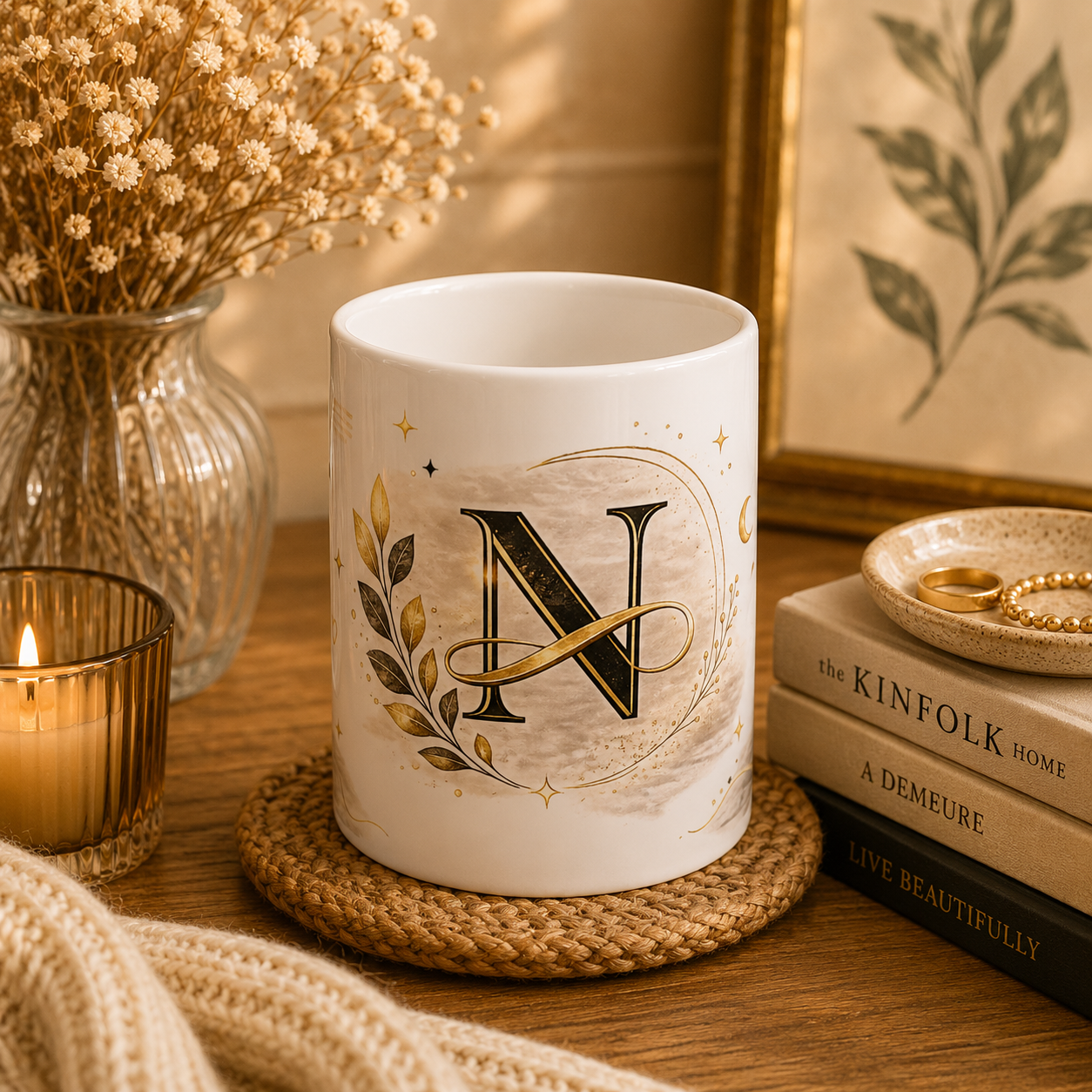 Monogram N Ceramic Mug — Gold Laurel Initial Coffee Cup