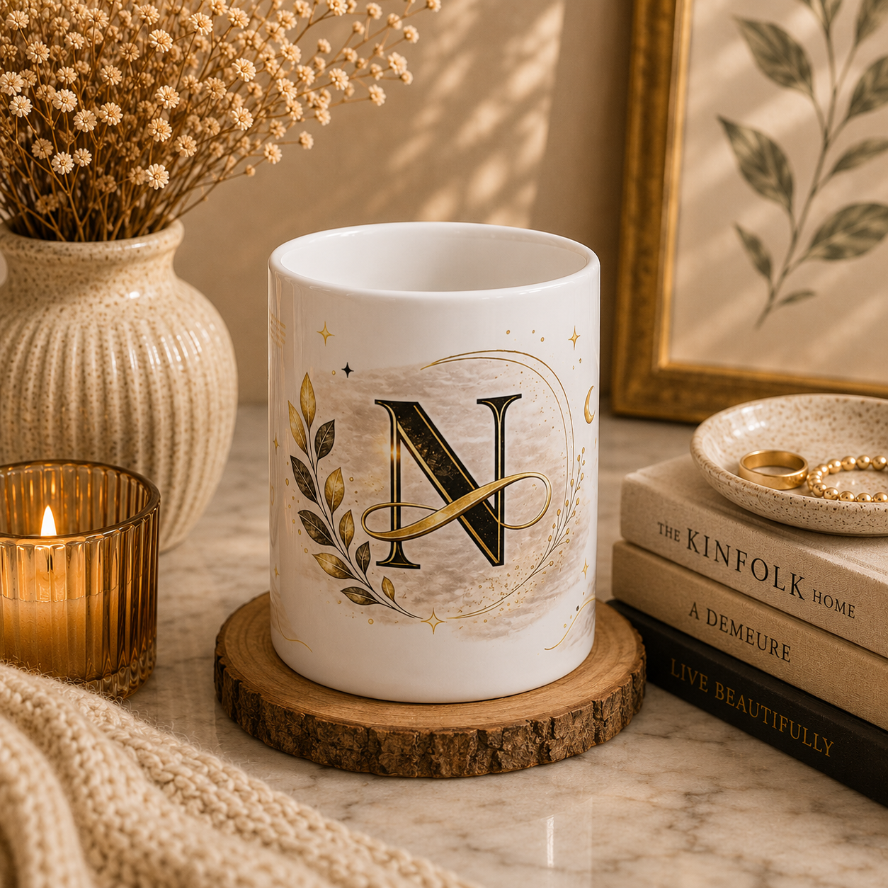 Monogram N Ceramic Mug — Gold Laurel Initial Coffee Cup