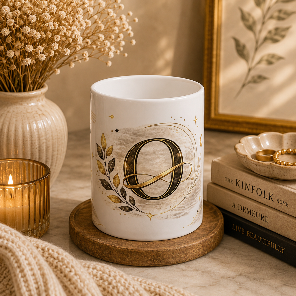 Monogram 'O' Gold Floral Ceramic Mug – Personalized Initial Coffee Cup