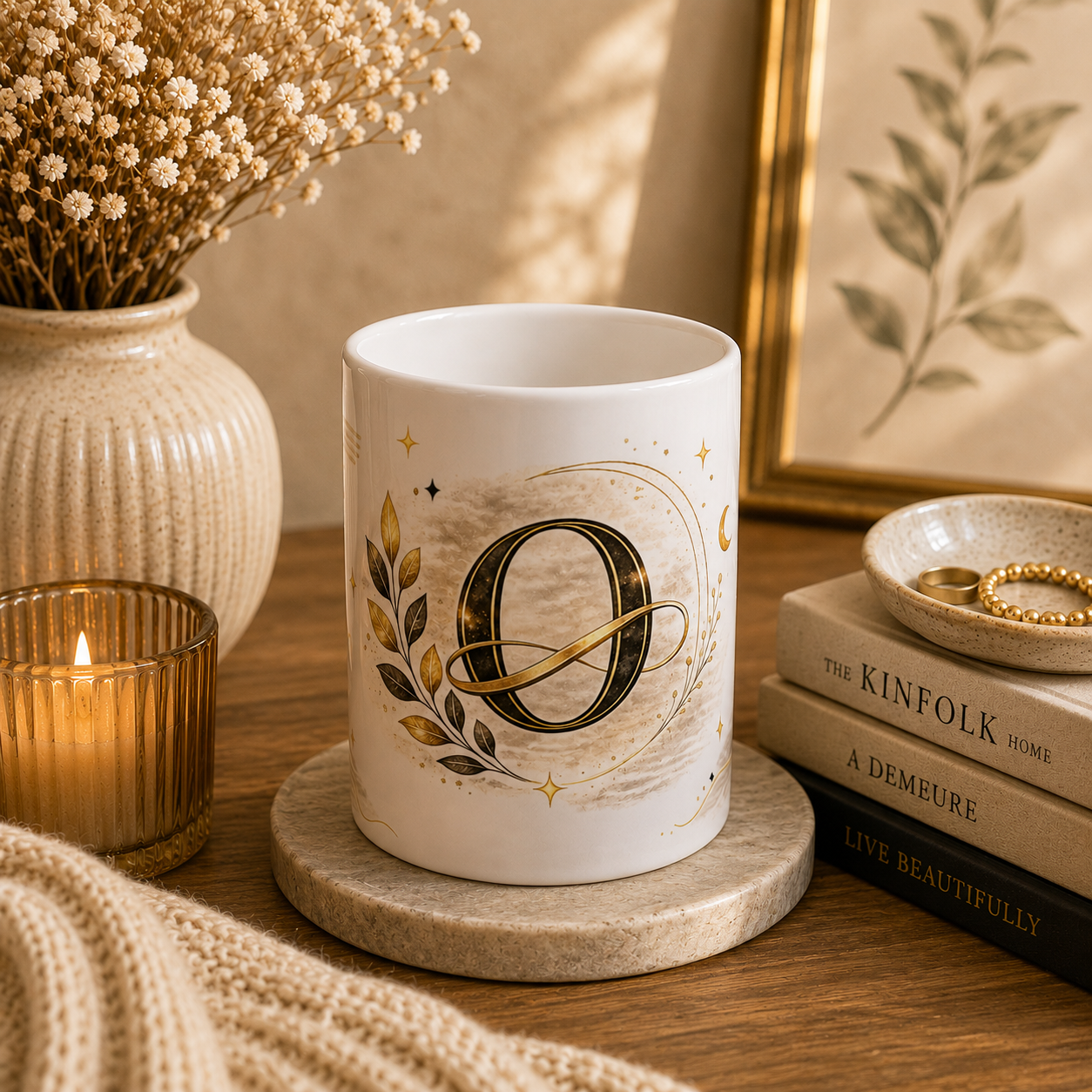 Monogram 'O' Gold Floral Ceramic Mug – Personalized Initial Coffee Cup