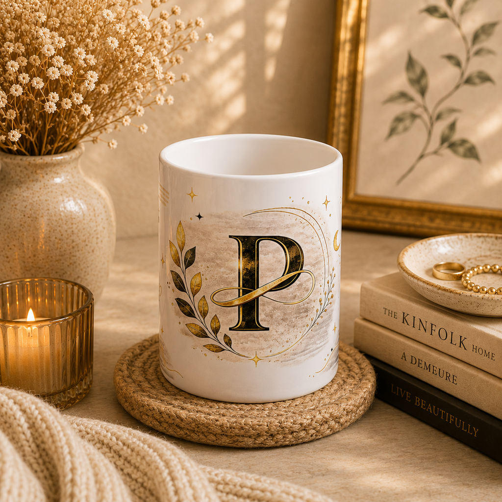 Monogram P Gold Initial Ceramic Mug – Elegant Personalized Letter P Coffee Cup