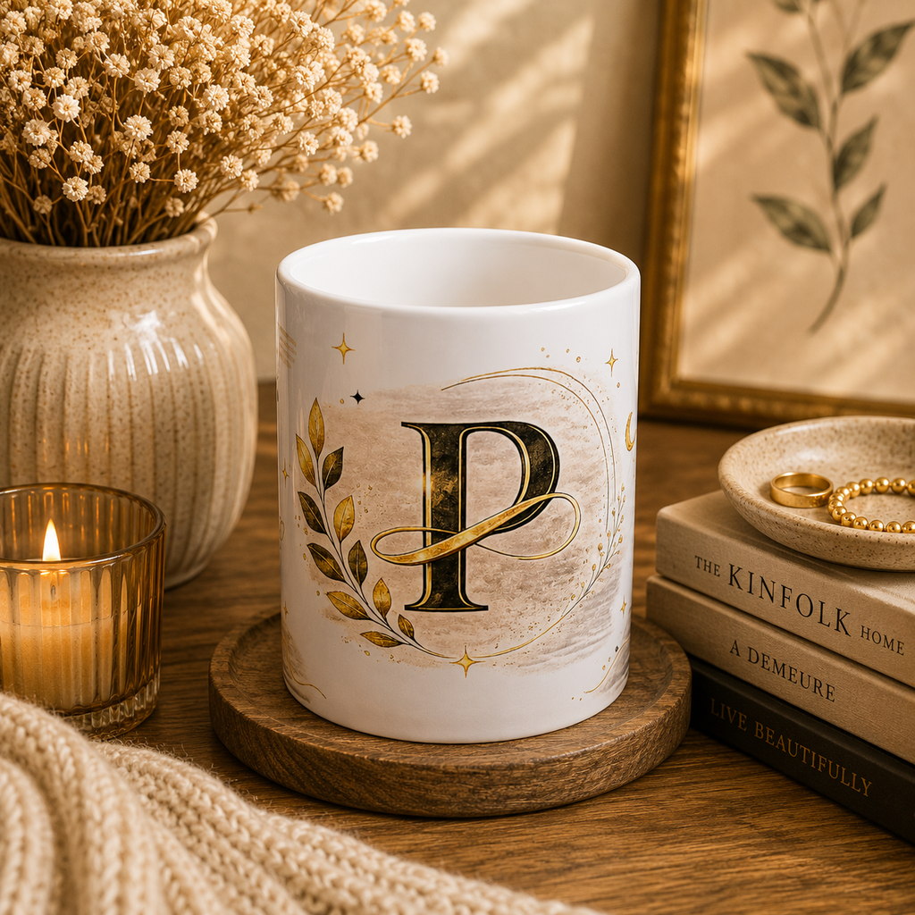 Monogram P Gold Initial Ceramic Mug – Elegant Personalized Letter P Coffee Cup
