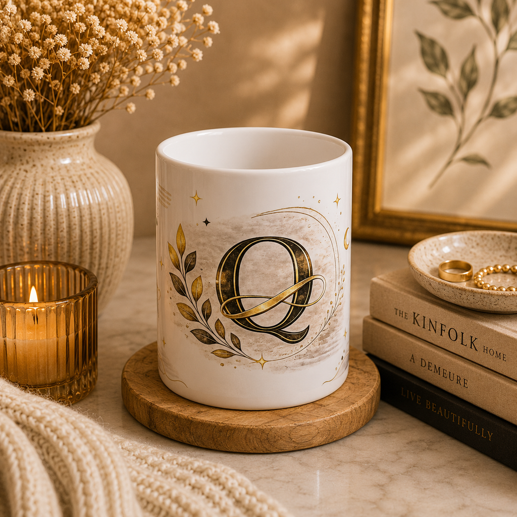 Gold Monogram Q Ceramic Mug – Elegant Initial Coffee Cup