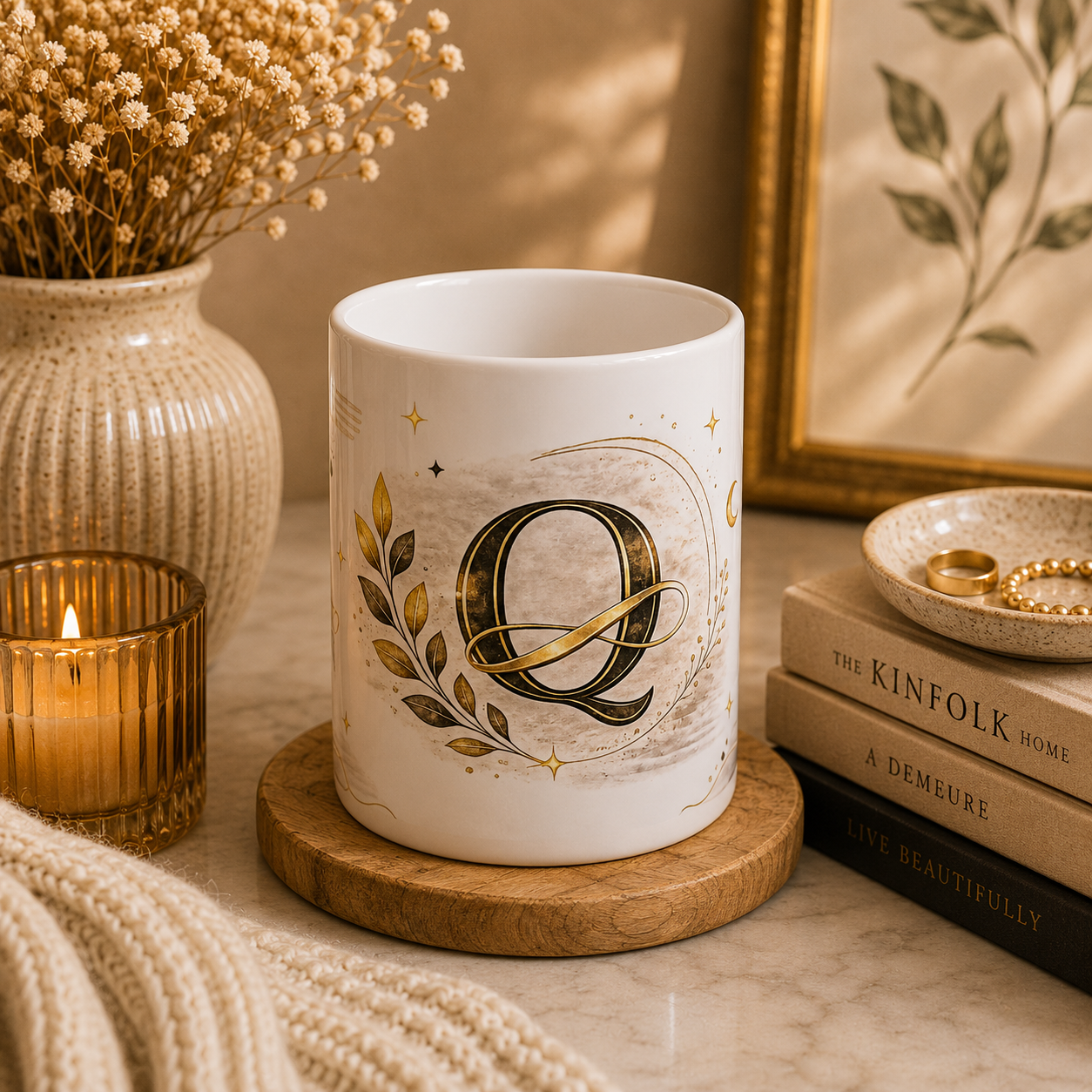 Gold Monogram Q Ceramic Mug – Elegant Initial Coffee Cup