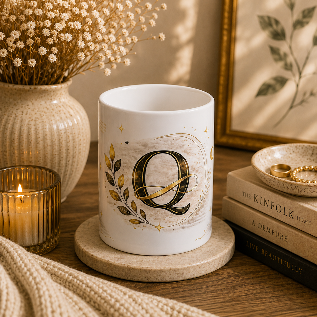 Gold Monogram Q Ceramic Mug – Elegant Initial Coffee Cup
