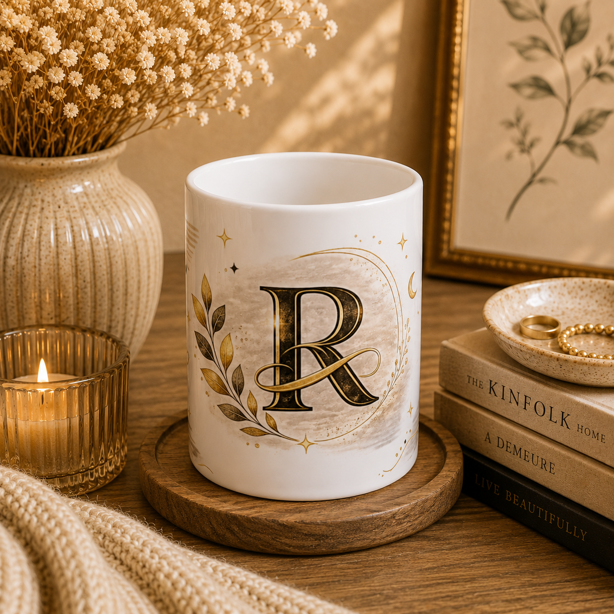 Monogram R Ceramic Mug — Elegant Gold Initial Coffee Cup