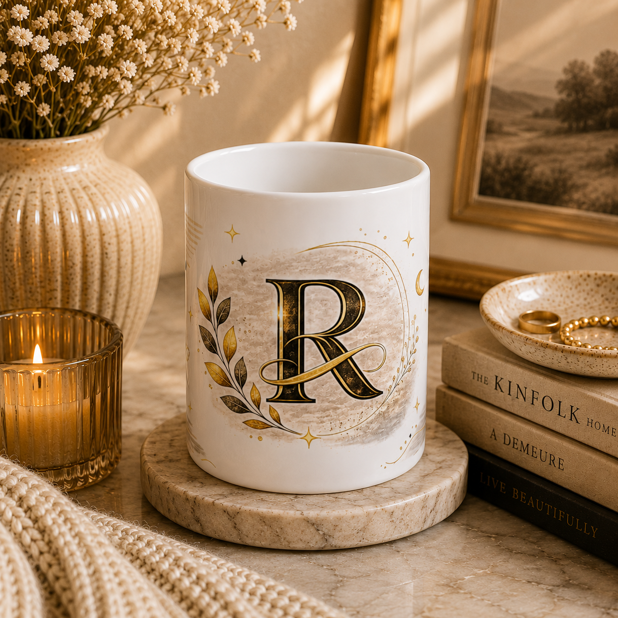 Monogram R Ceramic Mug — Elegant Gold Initial Coffee Cup