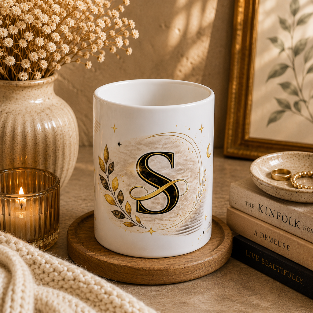 Monogram S Ceramic Mug – Elegant Gold Initial Coffee Cup
