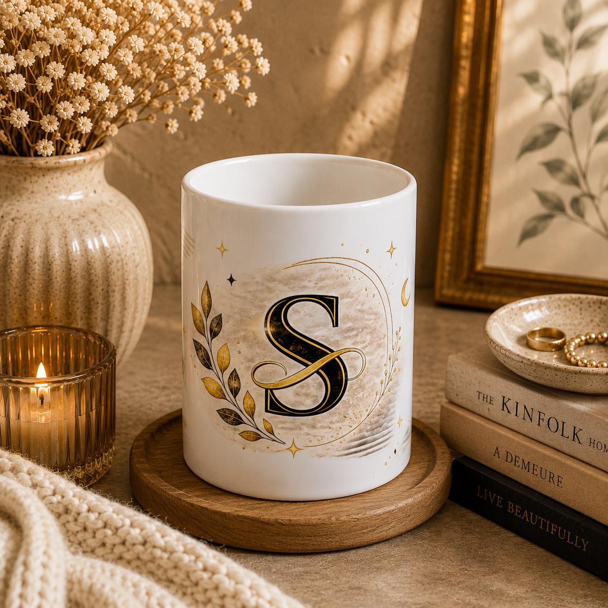 Monogram S Ceramic Mug – Elegant Gold Initial Coffee Cup